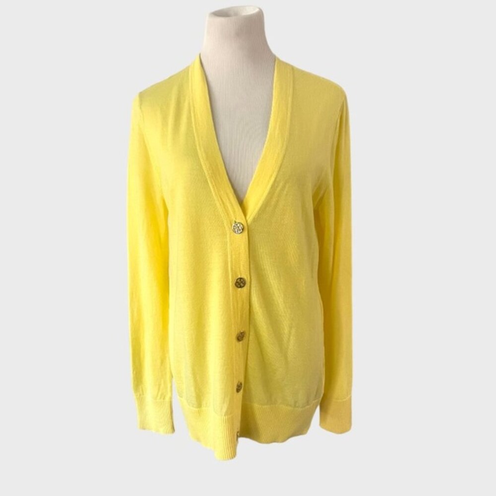 NEW NWOT TORY BURCH SIMONE LEMON CURD CLASSIC GOLD SIGNATURE BUTTON CARDIGAN XL - Picture 2 of 11